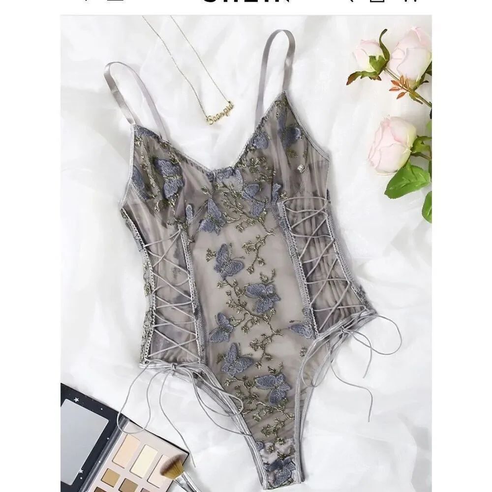 SHEIN Butterfly Embroidered Mesh Teddy Bodysuit Lingerie Medium